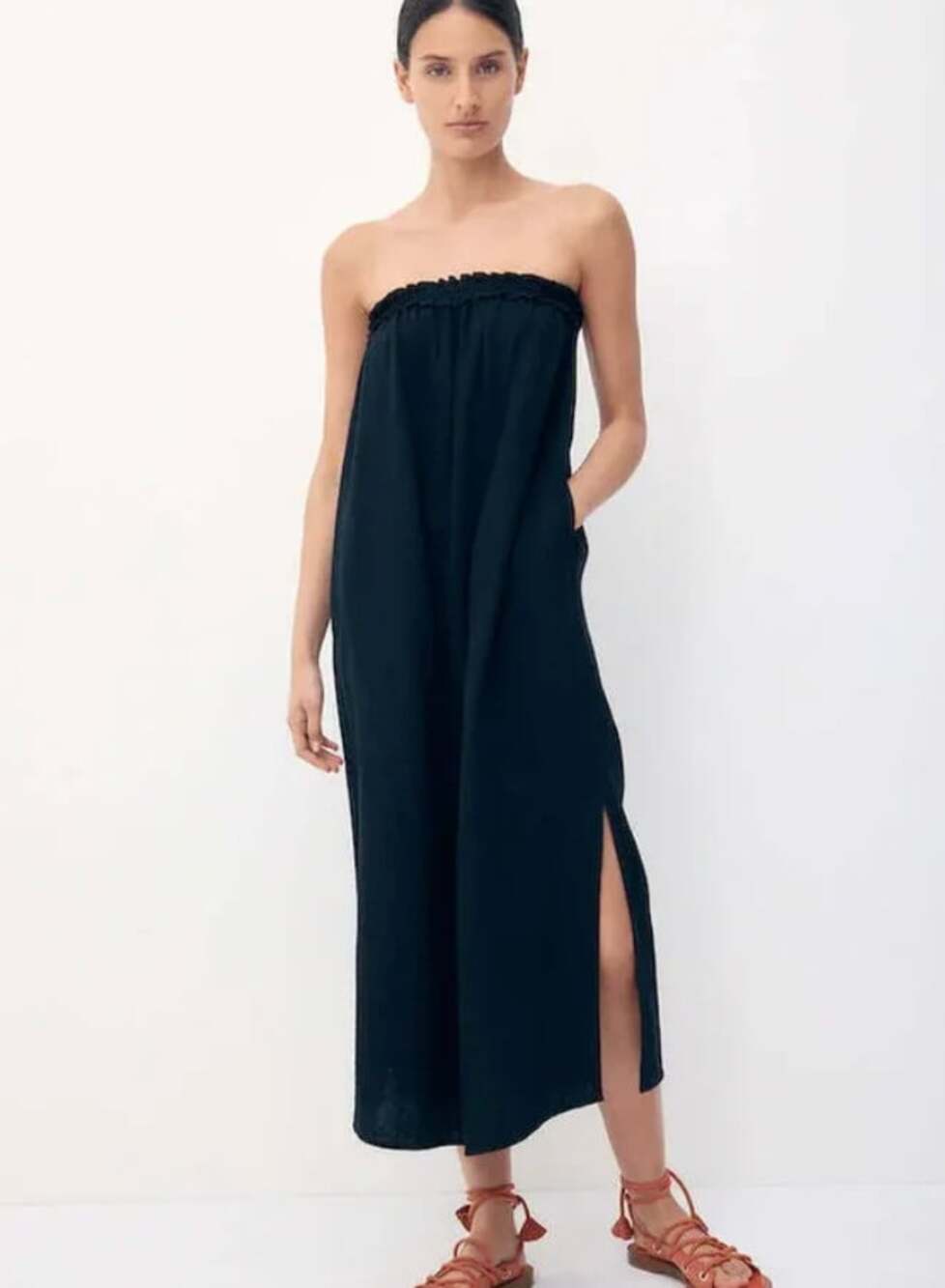 Bird & Knoll Kahlo Dress in Black Size Small Strapless Cotton Gauze